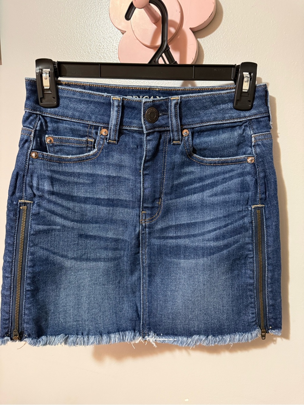 Denim Mini Skirt with Side Zippers - Blue